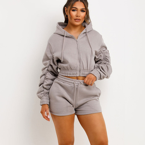 Conjunto Deportivo de 2 Piezas Color Gris, Sudadera Corta con Cremallera y Pantalones Cortos, Ropa Casual de Primavera, Color Sólido, Bolsillos Laterales - Product Image 1
