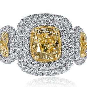 <b>Cushion</b> Cut Fancy Yellow Lab Grown Diamond Engagement <b>Ring</b> 14k White Gold Double Halo Split Shank VVS+ Clarity IGI Certified - Product Image 4