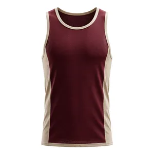 AMKOOR ENTERPRISES Débardeur de sport respirant pour homme, col rond, tricoté, 100 % polyester – Gilet de gym en maille bordeaux foncé et beige sable - Product Image 1