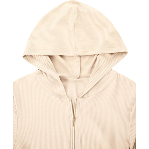 Sweat-shirt court zippé à capuche côtelé beige de haute qualité pour femme, à manches longues, couleur unie, tricoté, pour l'automne, OEM ODM - Product Image 6