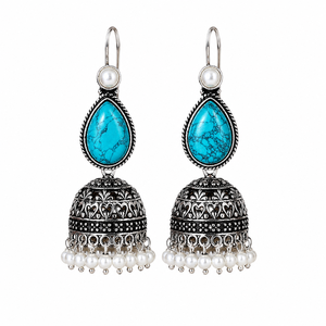Factory Direct Oxidized <b>Silver</b> Turquoise Stone Pearl Jhumka <b>Earrings</b> Handmade Indian Ethnic <b>Dangle</b> Drop <b>Earrings</b> for Women - Product Image 1