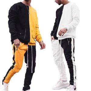 Ensemble de survêtement pour homme avec blocs de couleur, sweat à capuche à manches longues, poches latérales, pantalon à cordon de serrage, streetwear, tenue d'automne - Product Image 1