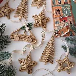 Ornements de Noël en rotin faits à la main, étoile, arbre, voiture, décorations suspendues, artisanat traditionnel d'intérieur, cadeau pour la décoration des fêtes - Product Image 1