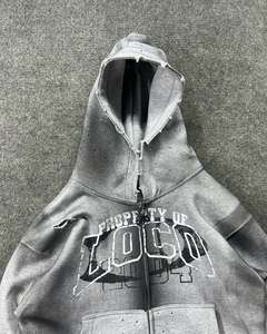 Custom Heavyweight Vintage Wash <b>Zip</b> Up Hoodie Oversized Distressed Printed <b>Full</b> <b>Zip</b> Hooded <b>Sweatshirt</b> - Product Image 3