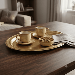 Plateau de service rectangulaire en laiton avec poignées en corde, plateau décoratif en métal plaqué or, design traditionnel - Product Image 4