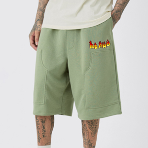 Pantalones Cortos Bermuda de Algodón Verde Sólido para Hombre, Transpirables, Tejidos, con Bolsillos, Logotipo Frontal, Cierre con Cordón, Estilo Casual - Product Image 1