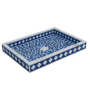 Plateau de service rectangulaire décoratif fait main en nacre florale bleu et blanc pour table basse, décoration intérieure et cadeau - Product Image 1