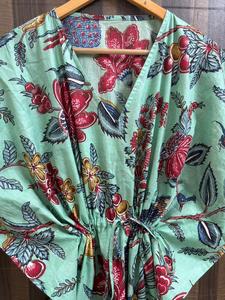 Women Mint Floral Bird Print 100% Cotton Breathable <b>Kaftan</b> Dress Handmade Regular Fit Boho <b>Summer</b> Daily Resort Wear - Product Image 5