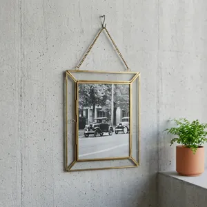 Artisan Design Pf1138 Brass/Glass Rectangle Hanging <b>Photo</b> <b>Frame</b> with Vertical Wall <b>Mount</b> and Chain Hanger - Product Image 4