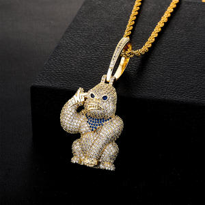 <b>Solid</b> <b>Gold</b> Plated Monkey <b>Pendant</b> With Moissanite Stones Diamond Hiphop Style Animal Charm Necklace Unisex Everyday Wear - Product Image 1