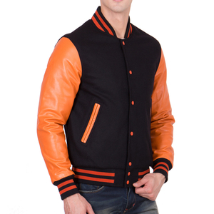 Mens Black and Orange Varsity Jacket Orange Leather Sleeves Letterman Bomber Jacket Casual Baseball Style Winter <b>Warm</b> Outerwear - Product Image 3