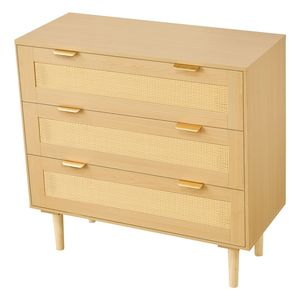 Commode moderne à 3 tiroirs en rotin pour chambre de style farmhouse, commode en rotin naturel avec poignées métalliques et pieds en bois - Product Image 6