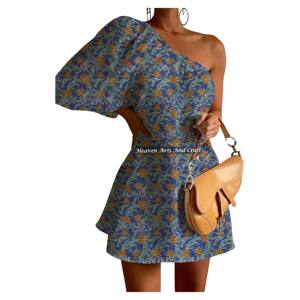 Nuevo Vestido Corto Sexy y Chic para Mujer, de Moda para Club Nocturno, con un Hombro Descubierto y Manga Abullonada, Elegante para Fiesta de Noche, Estampado de Bloques de Verano - Product Image 1