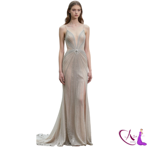 Vestido de noche de lujo con cuentas estilo champán |   Vestido de Fiesta de Diseño con Escote Profundo en V |   Vestido Elegante de Corte Entallado para Novia y Eventos Formales con Brillos - Product Image 2