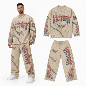 Custom Washed Fleece Tracksuit Set Vintage Acid Wash Oversized Sweatshirt and Jogger Pants Unisex Streetwear Two Piece Outfit - Product Image 4