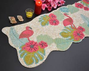 Camino de Mesa Bordado de Algodón con Diseño Floral de Flamencos, Estilo Bohemio, Decoración para el Hogar, Rosa, Verde, Beige - Product Image 1