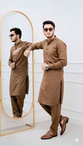 <b>Men's</b> Brown Cotton <b>Kurta</b> Pajama Set Ankle-Length Traditional Casual Wear India Pakistan Style Regular Fit All Seasons - Product Image 2