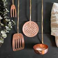 Ensemble d'ustensiles de cuisine en cuivre de luxe moderne, incrustation marron, écologique, 4 pièces, spatule, louche, écumoire, fourchette, résistant au lave-vaisselle, durable