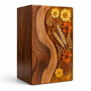 Custom Wood Resin Urn with Dried Flowers and Curved Grain Design, Handmade <b>Memorial</b> Ashes <b>Box</b>, Engraved Keepsake Gift - Product Image 1