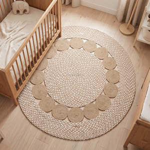 Tapis en jute tressé rond à bordure fleurie pour chambre d'enfant, chambre des enfants et intérieurs scandinaves, tapis en jute durable à motif floral - Product Image 1