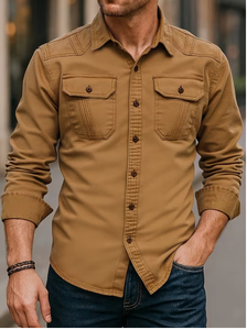 Chemise en jean TRIBON SPORTS pour homme, coupe ajustée, manches longues, couleur unie, col rabattu, poches, style décontracté, tissée, respirante - Product Image 4