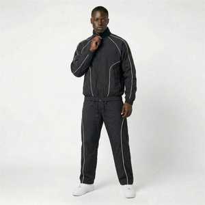 Conjunto Deportivo de 2 Piezas con Ribete en Contraste, Chaqueta con Cierre y Pantalones Deportivos Holgados, Estilo Retro Urbano - Product Image 1