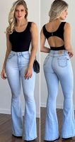 Jean évasé taille haute en denim de coton bleu uni délavé, coupe décontractée pour femme