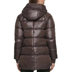 Chaqueta Acolchada Marrón para Mujer, con Capucha, Cierre de Cremallera, Manga Larga, Chaqueta Abrigada de Invierno con Acabado Brillante - Product Image 2
