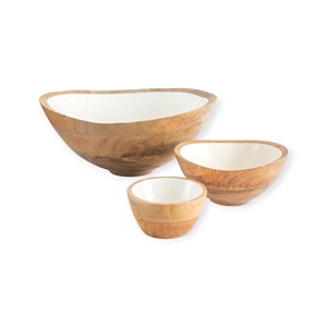 Juego de Tazones de Madera Hechos a Mano con Interior de Esmalte Blanco Liso en Tres Tamaños para una Armonía Pura en la Mesa de Comedor - Product Image 1