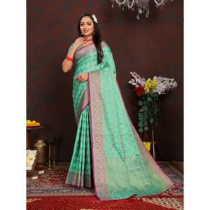 JARI DE SEDA SUAVE A LA MODA TEJIDO TRABAJO SAREE CON BLUSA SIN COSTAR MENTA - Product Image 1