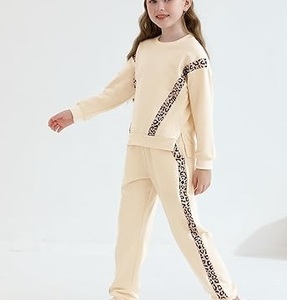 Último Diseño 2026, Conjunto Deportivo de 2 Piezas con Capucha para Niñas, Estampado de Leopardo con Lavado Ácido, 100% Algodón Felpa - Product Image 3