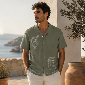 Premium Men's Olive Green Cotton Embroidered <b>Shirt</b> <b>Half</b> Sleeve Casual Camp Collar <b>Shirt</b> with White Botanical Art - Product Image 1