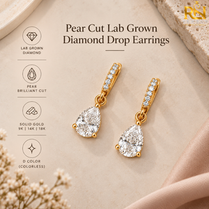 ต่างหูเพชรทรงหยดน้ำแบบ Pear Cut Lab Grown Diamond ประดับด้วยเพชรทรงกลม |   เครื่องประดับทองคำแท้ 9K 14K 18K - Product Image 5