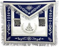Tablier maçonnique brodé sur mesure en tissu bleu avec franges argentées et motif symbolique, style classique pour usage vestimentaire