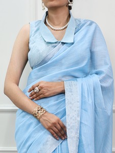ผ้าส่าหรีผ้าลินินแบบดั้งเดิมของอินเดีย ตกแต่งด้วยงานปักดิ้นทอง เหมาะสำหรับใส่ลำลองและงานเฉลิมฉลองสำหรับผู้หญิง ชุดแฟชั่นทันสมัย - Product Image 3