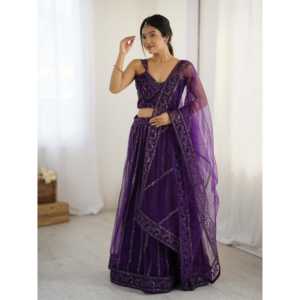 FB Paillettes violettes & Dori Travail non cousu Lehenga Choli Tenue de soirée - Product Image 6