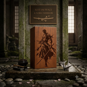 Urna Funeraria Ecológica de Madera con Diseño de Guerrero para Cenizas de Cremación Humana, Decoración Funeraria Budista, Capacidad de 200 Pulgadas Cúbicas - Product Image 1
