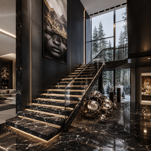 Escalier flottant en marbre noir avec marches éclairées par LED, garde-corps en verre, poutre métallique et main courante fine, conçu pour villa - Product Image 3