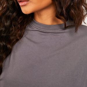 Women <b>Oversized</b> Gray Cotton <b>T</b>-<b>Shirt</b> <b>V</b>-<b>neck</b> Short Sleeve Regular Fit Solid Color Breathable Jersey Fabric Zipper Plain Dyed - Product Image 3