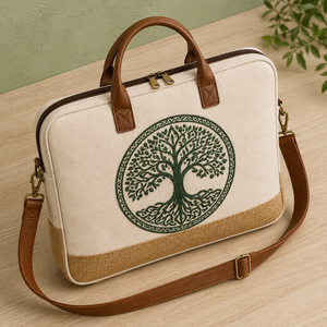 Mochila de Lona y Yute para Portátil, Maletín, Bolso Cruzado con Correa de PU, Cierre de Cremallera, Gran Capacidad, Rayado, para Universidad, Oficina, Viajes - Product Image 1