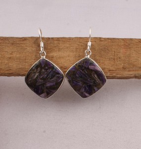 925 Sterling <b>Silver</b> Purple Copper Charoite <b>Earrings</b> Natural Composite Gemstone Diamond Shape <b>Dangle</b> <b>Earrings</b> Handmade Jewelry - Product Image 3