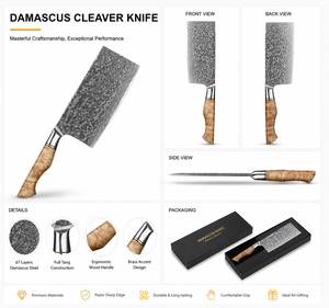 Couteau à découper artisanal en acier Damas avec manche en bois de burl |   Couteau à viande professionnel pour boucher et chef - Product Image 2
