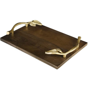 Handmade Decorative Mango <b>Wood</b> <b>Serving</b> <b>Tray</b> With Gold Leaf Casted Metal Handles Premium Square Wooden Platter For Home & Hotels - Product Image 5