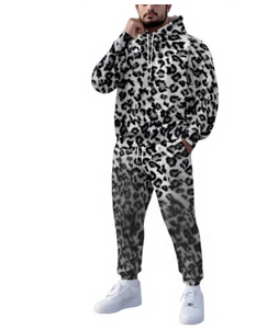 Men Leopard Print Hooded <b>Tracksuit</b> Full Length Casual Set Breathable Polyester Autumn Wear Regular Fit With Side Pockets Sports - Product Image 1