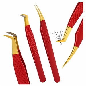 Juego de Pinzas para Extensión de Pestañas Rojas Doradas, Punta Curva de Precisión, Acero Inoxidable, Aislamiento de Pestañas de Volumen, Herramientas de Belleza para Aplicación - Product Image 1