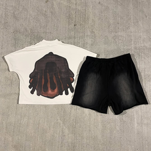 ชุดเสื้อยืดและกางเกงขาสั้นสตรีทแวร์ 2 ชิ้น สวมใส่สบายสำหรับผู้ชาย รับสั่งทำสีและลายพิมพ์ ชุดลำลองผ้าฝ้ายสำหรับผู้ชาย - Product Image 6