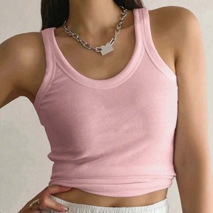 Débardeur court côtelé rose pour femme, col rond, couleur unie, tricoté, sans manches, en mélange coton élasthanne - Product Image 1