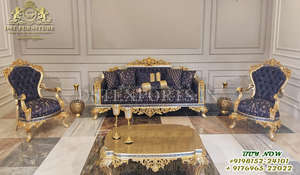 Conjunto de sofá tallado a mano para sala de estar, juego de sofá de madera de teca de lujo, acabado en oro, estilo europeo - Product Image 6