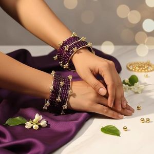 Bright Blue <b>Gold</b> Plated Trendy Glass Kashmiri <b>Bangles</b> with Pearl Detailing for Wedding & Traditional Wear at Wholesale Price - Product Image 5