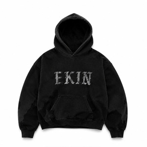 เสื้อฮู้ดดี้ทรงหลวมแบบวินเทจสีดำฟอกย้อม ตัดเย็บแบบไหล่ตก ตกแต่งด้วยตัวอักษรประดับเพชร  สำหรับผู้ชาย - Product Image 1